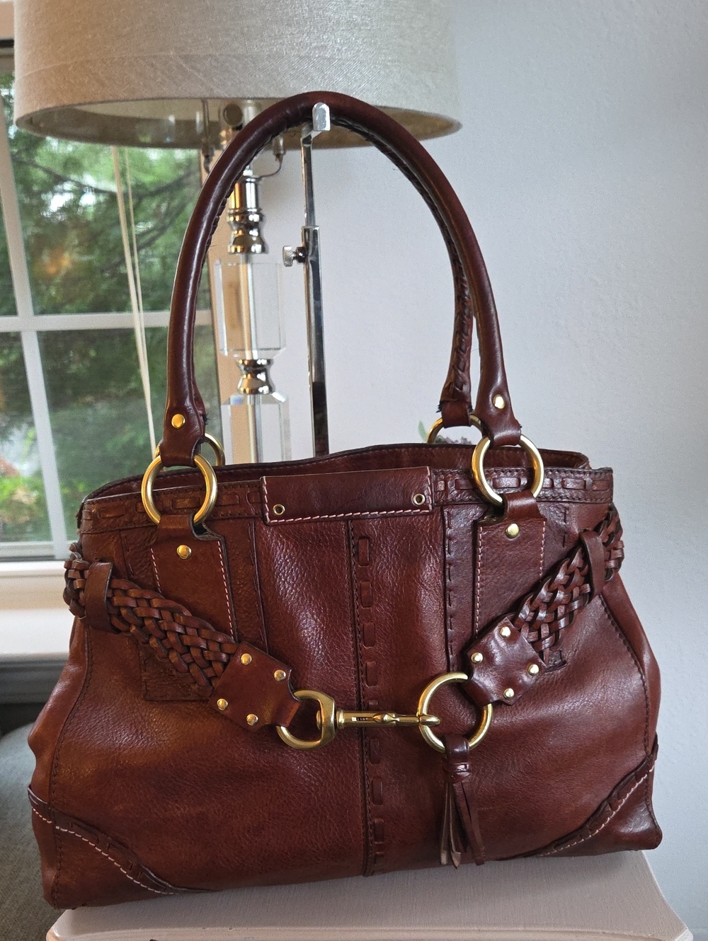 COACH Mahogany Italian Leather Braided Belt Hampton Carryall Satchel  Bag #9290